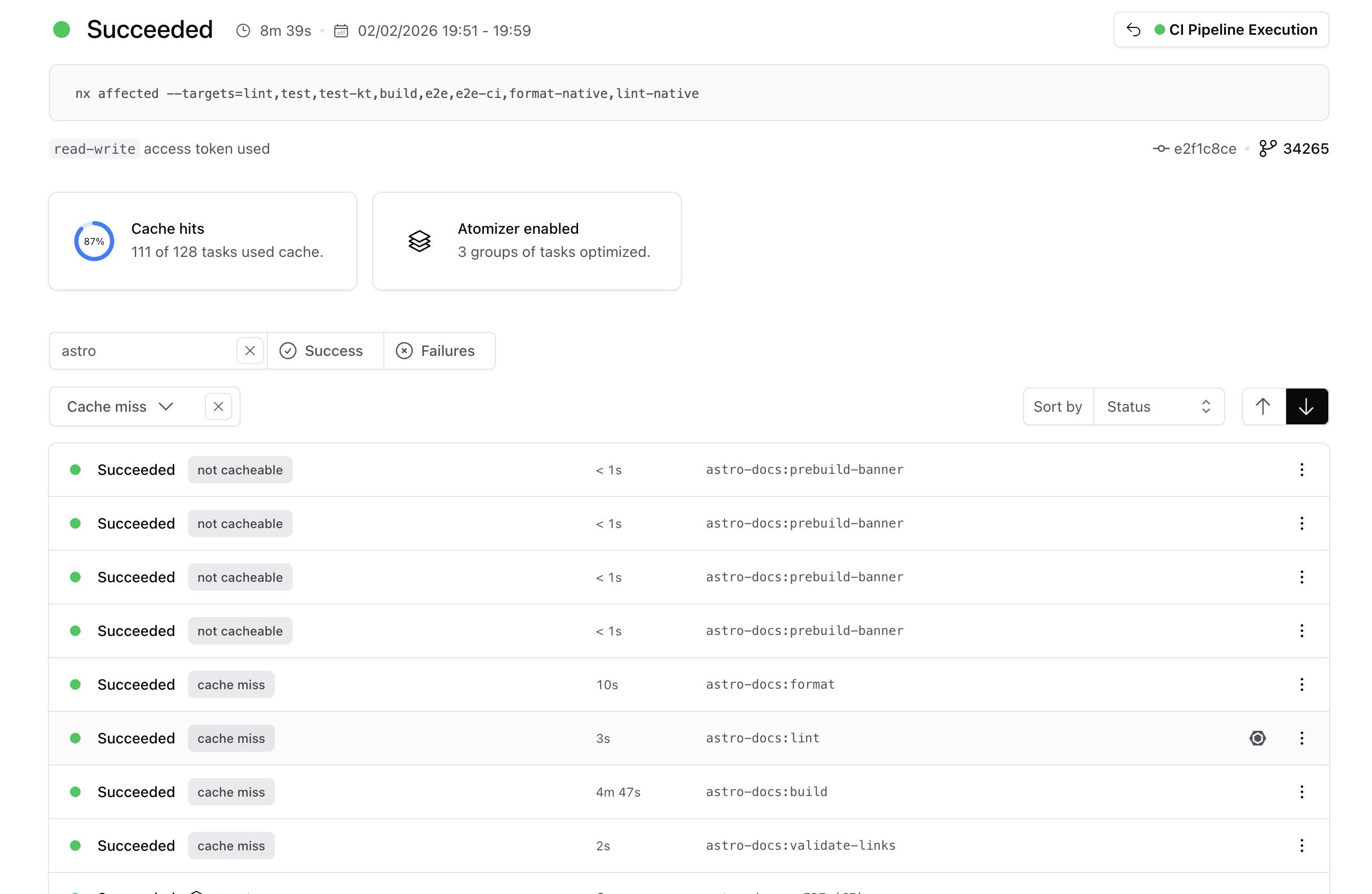 Run details page showing task list filtered by cache miss status